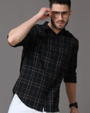 Men Black Slim Fit Windowpane Checks Checked Casual Shirt