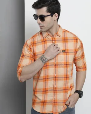 Men Orange Comfort Checked Regular Fit Cotton Casual Shirt