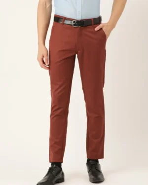 Men Rust Red Solid Smart Fit Formal Trousers