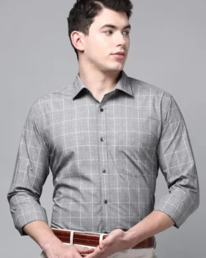 Men Grey Slim Fit Checked Pure Cotton Formal Shirt