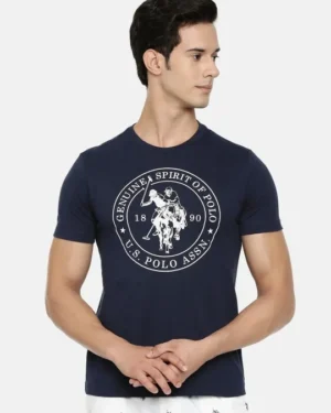 Men Navy Blue & White Printed Round Neck Athleisure T-Shirt