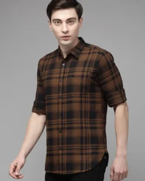 Men Brown Slim Fit Pure Cotton Checked Flannel Casual Shirt